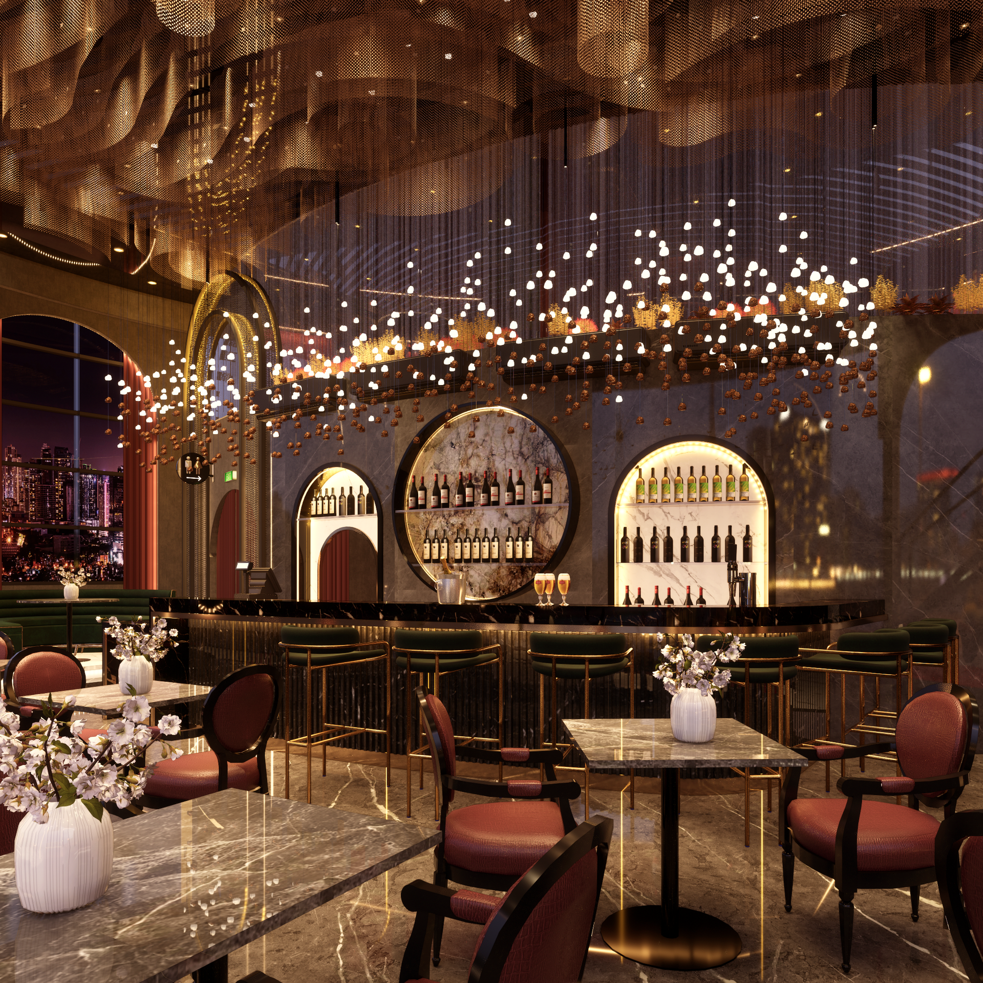 Elegant bar interior with gold accents, arched doorways, and a lit chandelier.
