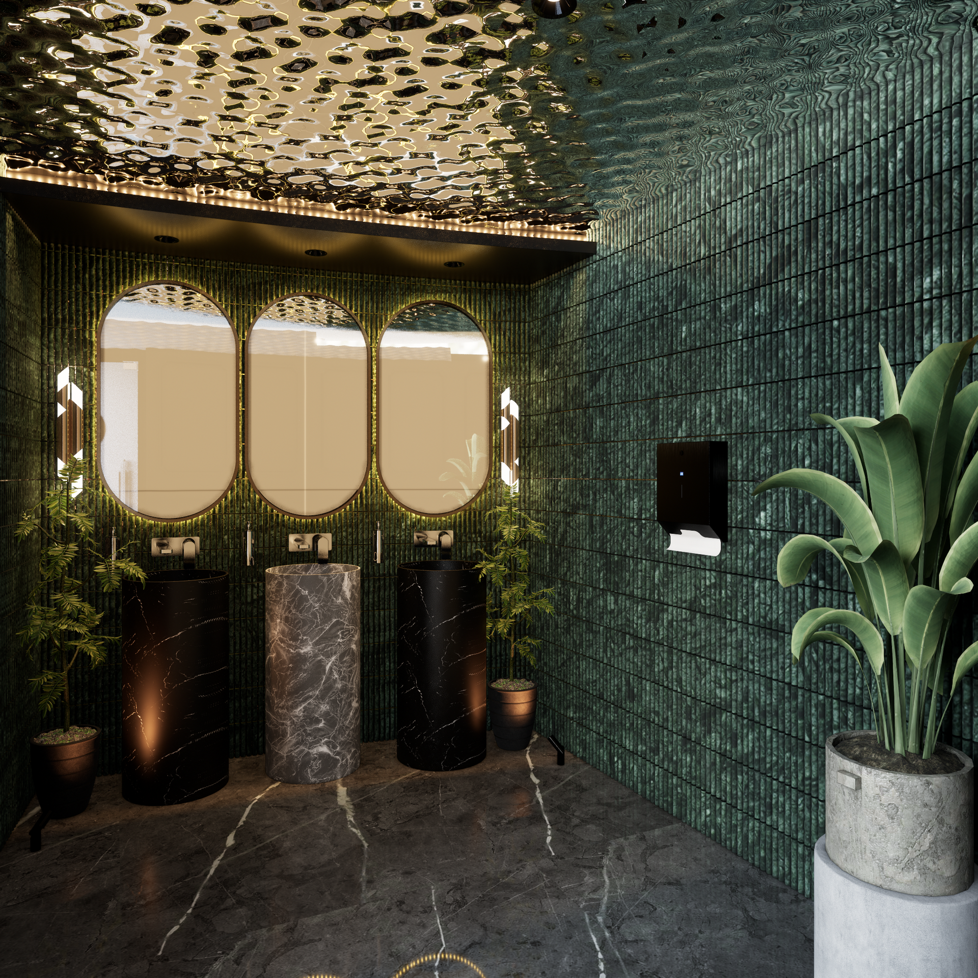 Luxurious restroom with three oval mirrors, black sinks, green textured walls, and potted plants.