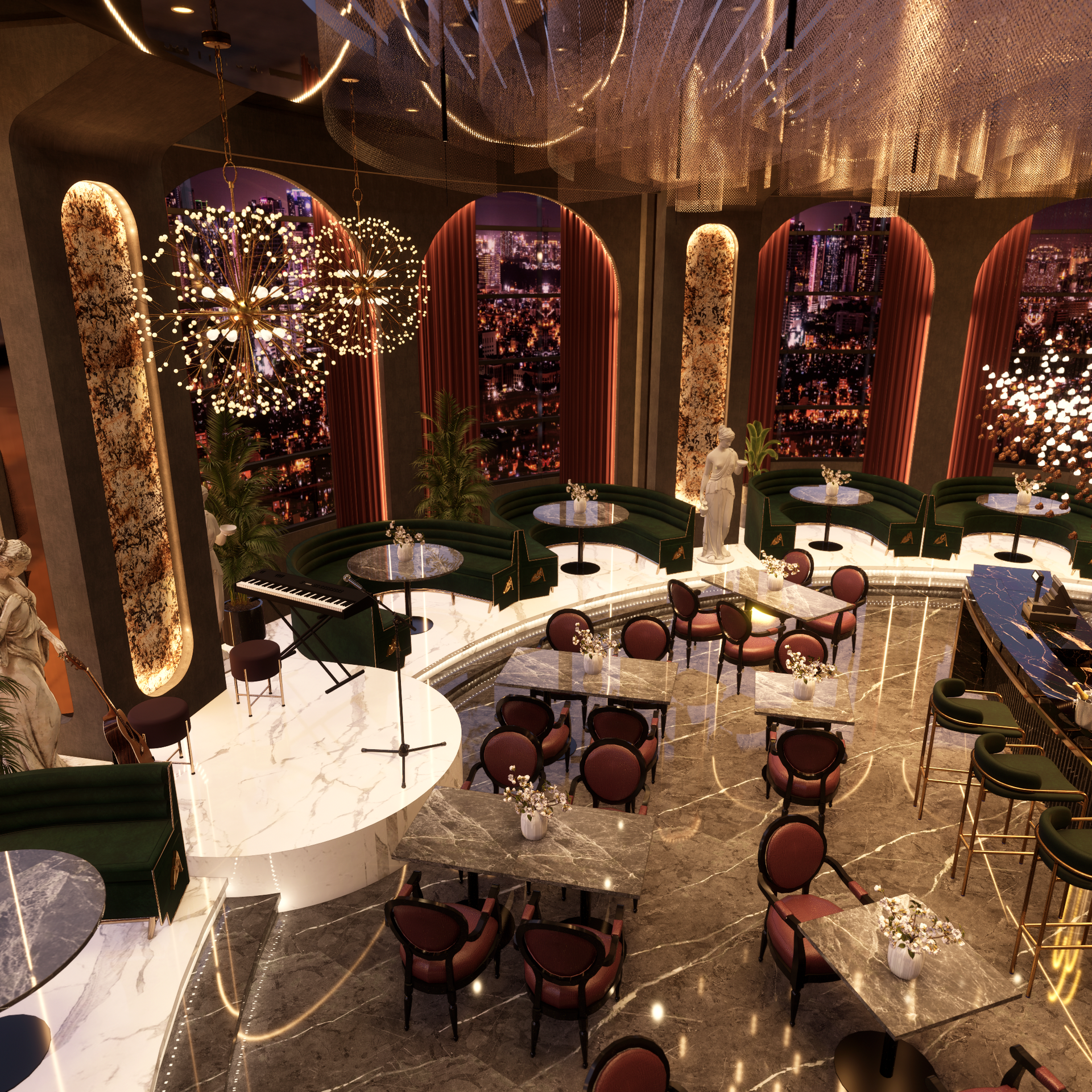 Elegant restaurant interior with green velvet booths, marble tables, and a stage.