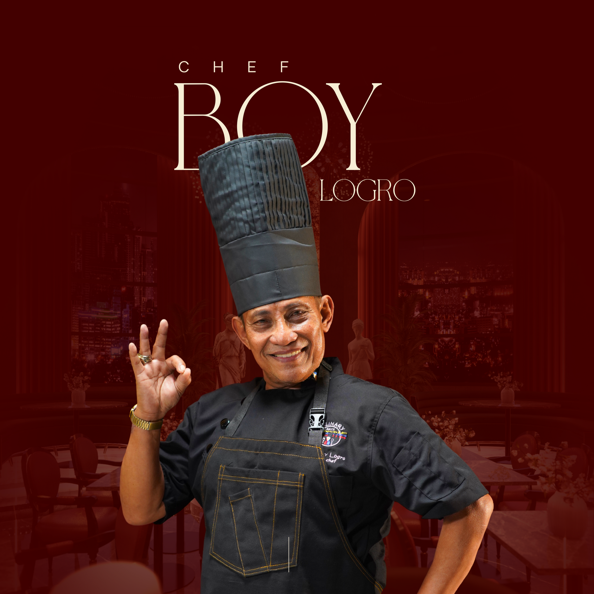 Chef Boy Logro in chef's hat and apron, making an OK gesture.